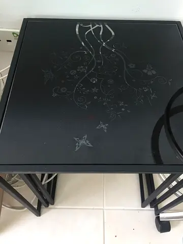 Black Glass Top Side Table with Floral Design
