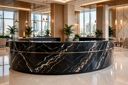 Tavira Curved Black Marble Reception Counter, Front Desk – Arcade