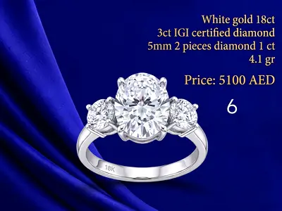 Stunning Oval 18ct White Gold 3+1 ct IGI-Certified Diamond Ring (3ct Center + 2x0,5ct) - Size 7