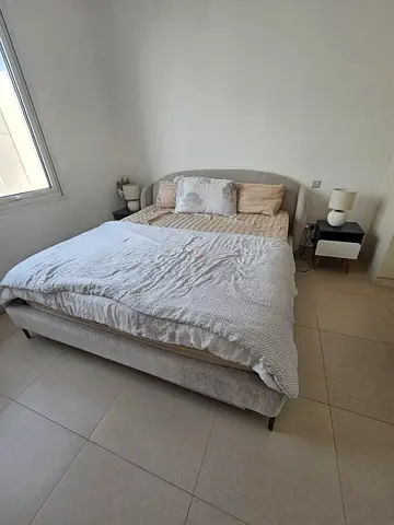 Queen upholstered bed frame light grey, good condition