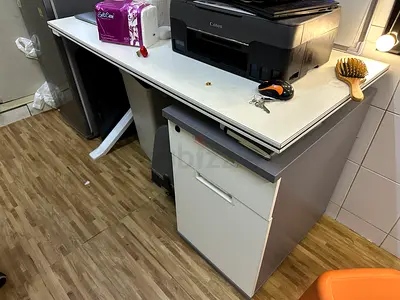 Compact office desk with drawer cabinet - white/grey, pre-owned