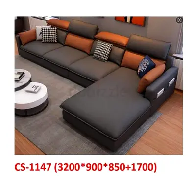 Modern L-shaped Leather Sofa with Chaise (CS-1147) - Grey & Tan