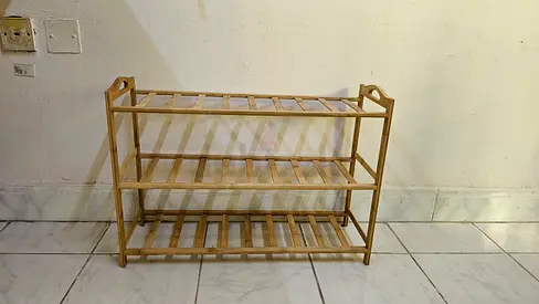 Three-tier bamboo shoe rack / storage shelf, good condition