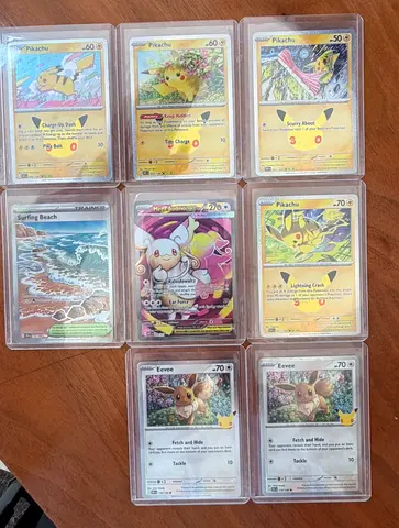 Lot of 9 Pokémon Promo & Rare Cards (Pikachu, Eevee, Surfing Beach) - Sleeved