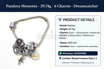 pandora bracelet with 6 charms-feel the luxury fashion (29.74 gram)