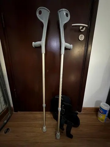 Crutches used and right walking boot