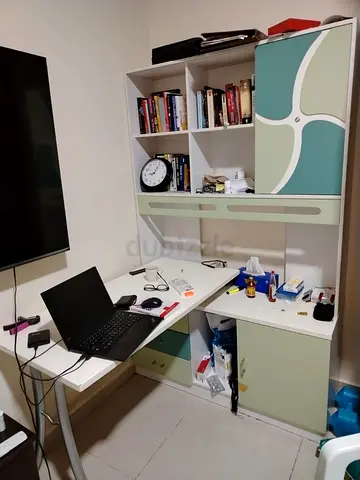 White and Mint Study Desk with Shelves and Cabinets - Good Condition