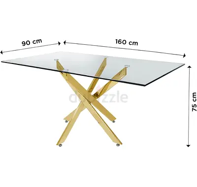 Glass Top Dining Table with Gold Crossed Base - Modern Elegant Design
