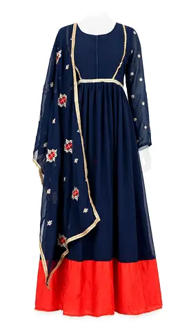 Navy blue embroidered long dress with red hem and matching dupatta - XL, New