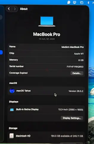 MacBook Pro 13-inch (M1, 2020) - 8GB RAM, 256GB SSD, macOS Tahoe