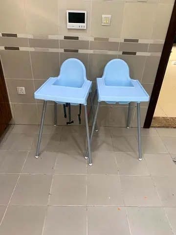 Set of 2 Light Blue Baby High Chairs / Feeding Chairs - Good Condition
