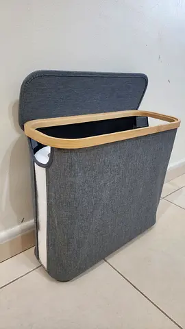 Gray Fabric Storage Bin with Wooden Rim - Good Condition