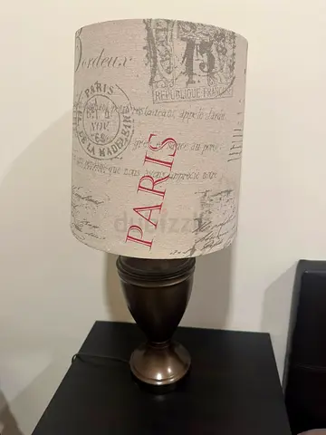 Brown table lamp with Paris print fabric shade - good condition