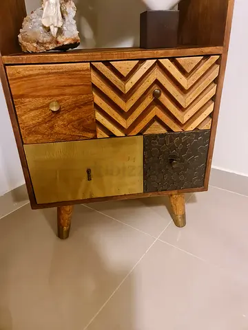 Chevron Solid Mango Wood Bookshelf with mixed multi-pattern drawers.