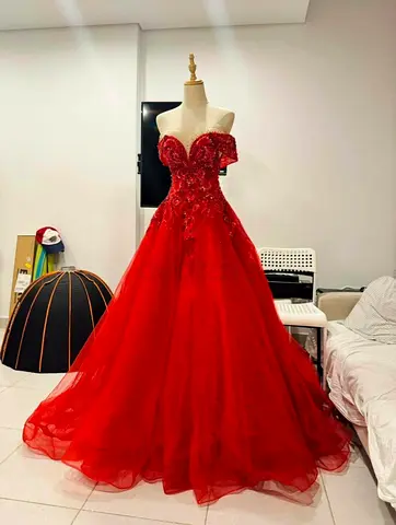 Red Off-Shoulder Ball Gown with Embroidered Bodice - Size S-M