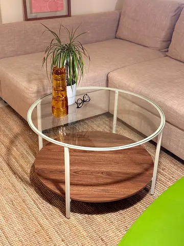 IKEA VITTSJÖ Round Glass Coffee Table with Wooden Shelf - Light Beige Metal Frame