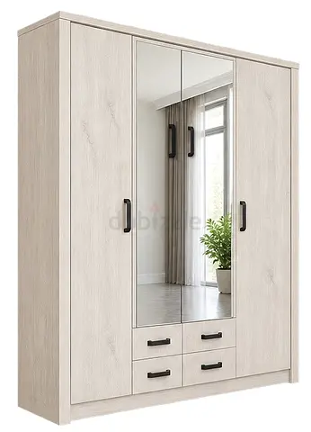 4 Door Wooden Wardrobe with Mirror and Drawers - Light Oak