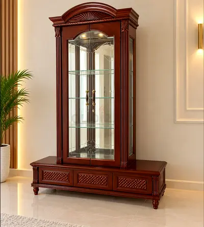 Wooden Glass Display Cabinet with Bottom Drawers - Classic Dark Brown
