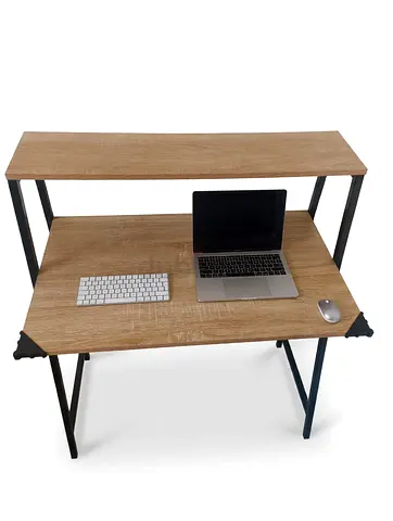 Compact Wooden Computer Desk with Upper Shelf - Light Oak