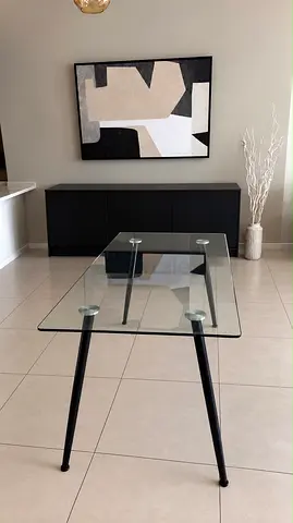 Glass Top Dining Table with Black Metal Legs - Modern Compact Design -