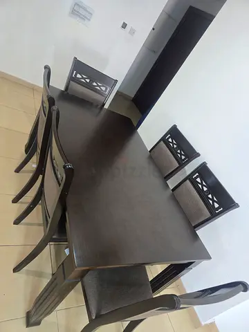 Solid Wood 6-Seater Dining Table with Cushioned Chairs - Dark Finish