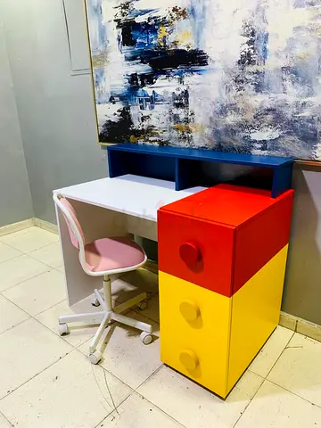 Compact colorful study desk with 3-drawer cabinet and chair