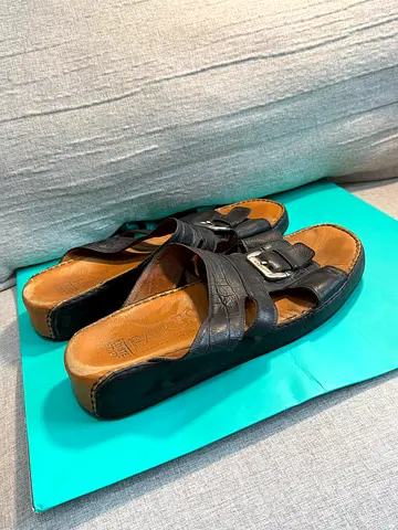 Black Leather Slip-on Sandals with Buckle - Size 43, Good Condition