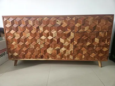Solid Wood Sideboard with Geometric 3D Carved Front - Midcentury Legs