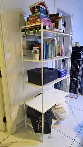 White metal 5-tier shelving unit - good condition, sturdy storage