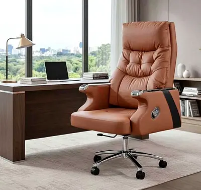 Brown Leather Executive Office Chair with High Back and Wheels