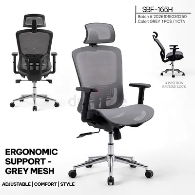 Ergonomic Grey Mesh Office Chair with Headrest - Adjustable Lumbar Support