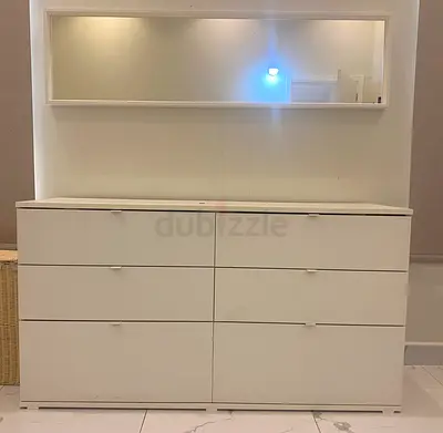 White 6-Drawer Dresser with Wall-Mounted Mirror - Modern, Good Condition