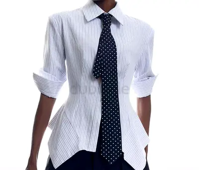 White pinstripe women's button-up shirt with navy polka dot tie