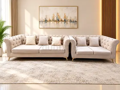 Pair of beige tufted sofas - 3-seater style, excellent condition
