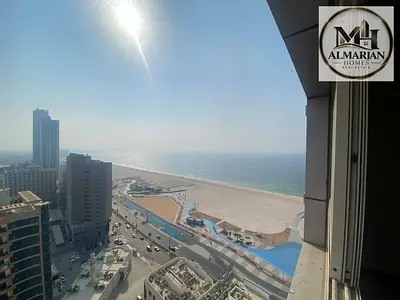 فرصة مميزة شقة غرفتين وصالة بإطلالة بحرية للإيجار السنوي في كورنيش عجمان الرميلة مع 3 حمامات وسهولة الوصول إلى الشارقة ودبي