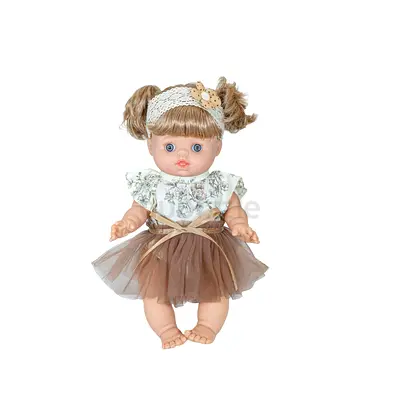 Soft-bodied baby doll with brown dress and headband – good condition