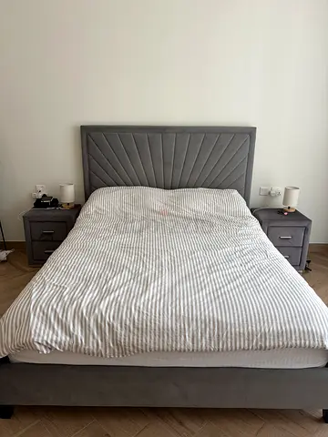 Grey upholstered double bed with headboard and matching nightstands - good condition (NO Mattress)
