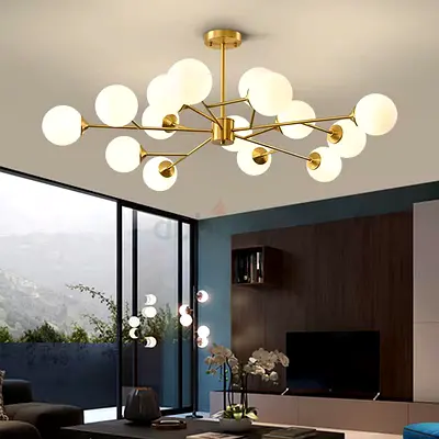 Modern Brass Multi-Arm Chandelier with Opal Glass Globes