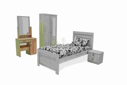 Single bed set with wardrobe, dressing table and nightstand - light wood
