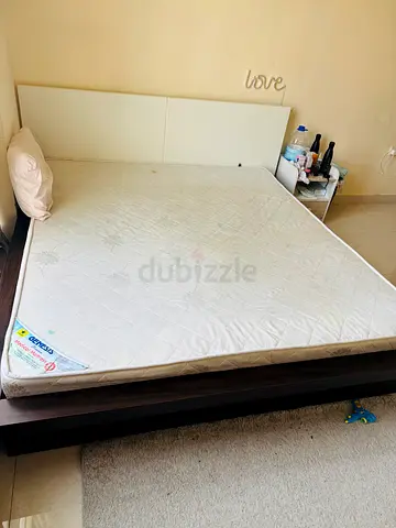 Queen bed frame with mattress (used) — simple modern design