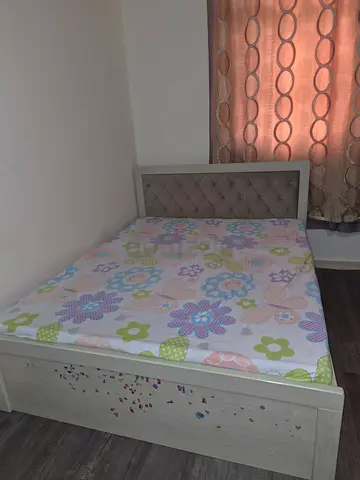 Queen bed set with mattress,light wood color,upholstered headboard with side table,dresser table.