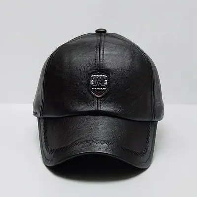 Black Leather Look Baseball Cap with Embroidered Crest