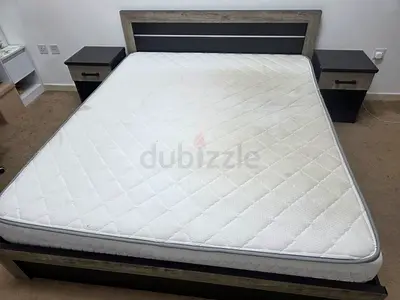 Queen size bed with mattress and two bedside tables & 1Dressing Table with Mirror- good condition