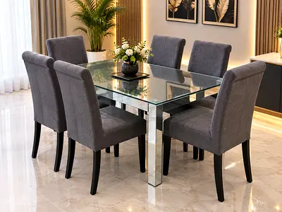 Glass Top Dining Table with 6 Grey Upholstered Chairs - Modern Set