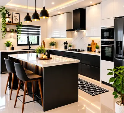 Modern black & white kitchen island breakfast bar