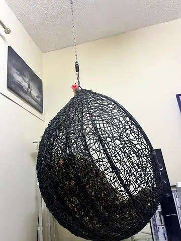 Black woven hanging egg chair with cushion - good condition