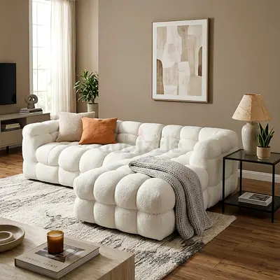 Modern tufted white sectional sofa with chaise - comfortable 3-seater