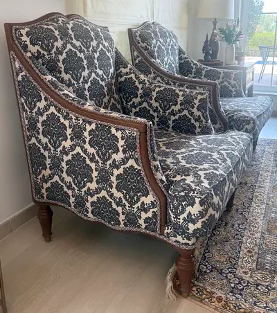 Pair of Classic Wooden Frame Armchairs with Damask Upholstery