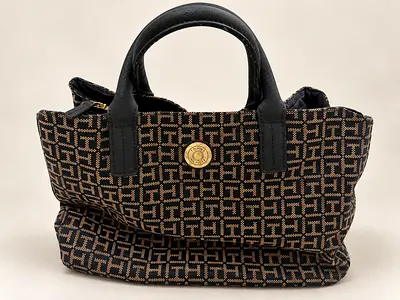Small Tory Burch Logo Canvas Tote with Leather Handles
