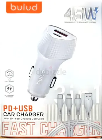 Bulud 45W PD+USB Fast Car Charger with 3-in-1 USB Cable - White